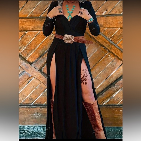 Black Sexy V-Neck Long Sleeve High Slit Evening Dress (Belt Not Included) - Picture 1 of 5